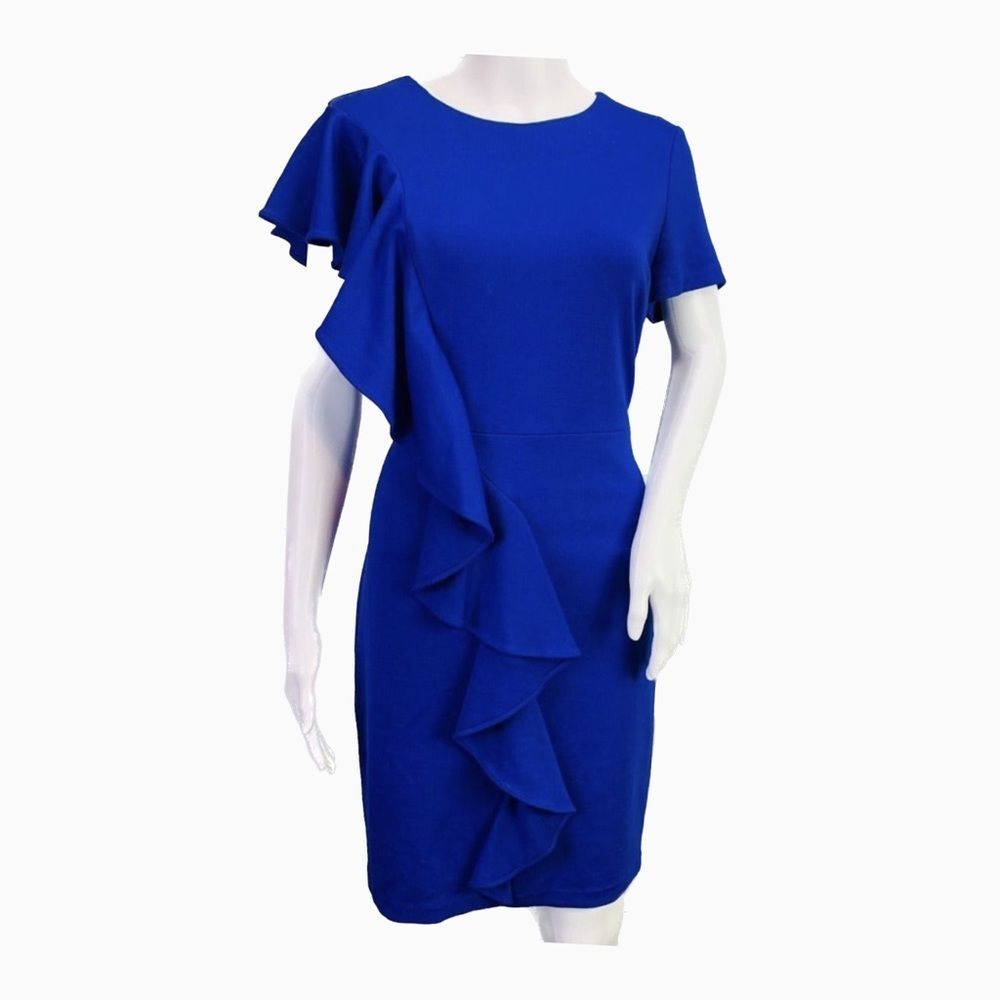 Belle Badgley Mischka Sheath Dress Ruffle Jersey Knit Cobalt Blue